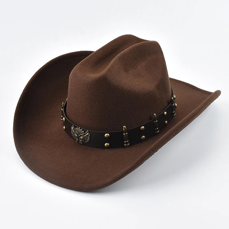 Men Women Western Cowboy Hat Leather Vintage Big-Edge Gentleman Cowgirl Cloche Church Caps