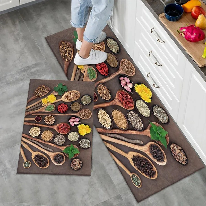 Kitchen Rug Set 2-Piece – Non-Slip Spice Print Floor Mats