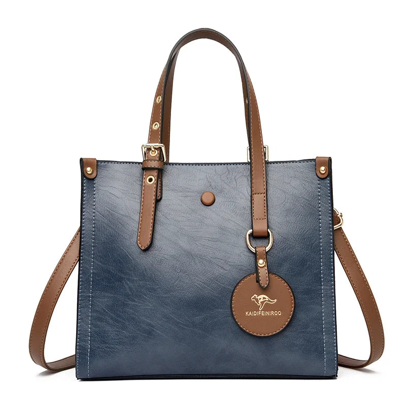Vintage Leather Tote Bag for Women – 3-Layer Luxury Handbag