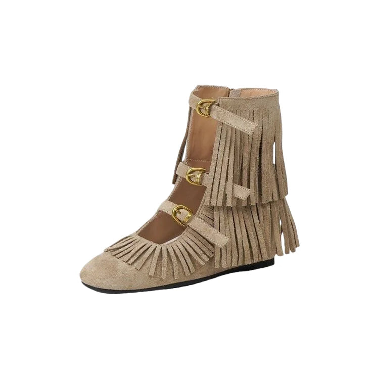 Simple Retro Tassel Western Boots Women Round Toe Height-Increasing Short Summer Cool