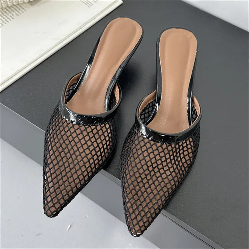 Eilyken Mesh Pointed Toe Mule Heels – Women's Hollow Out Slingback