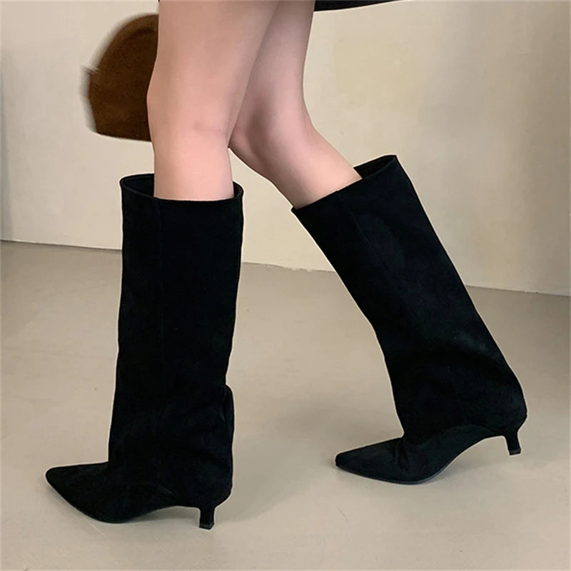 Eilyken Women Knee-High Boots – Pointed Toe Low Kitten Heel