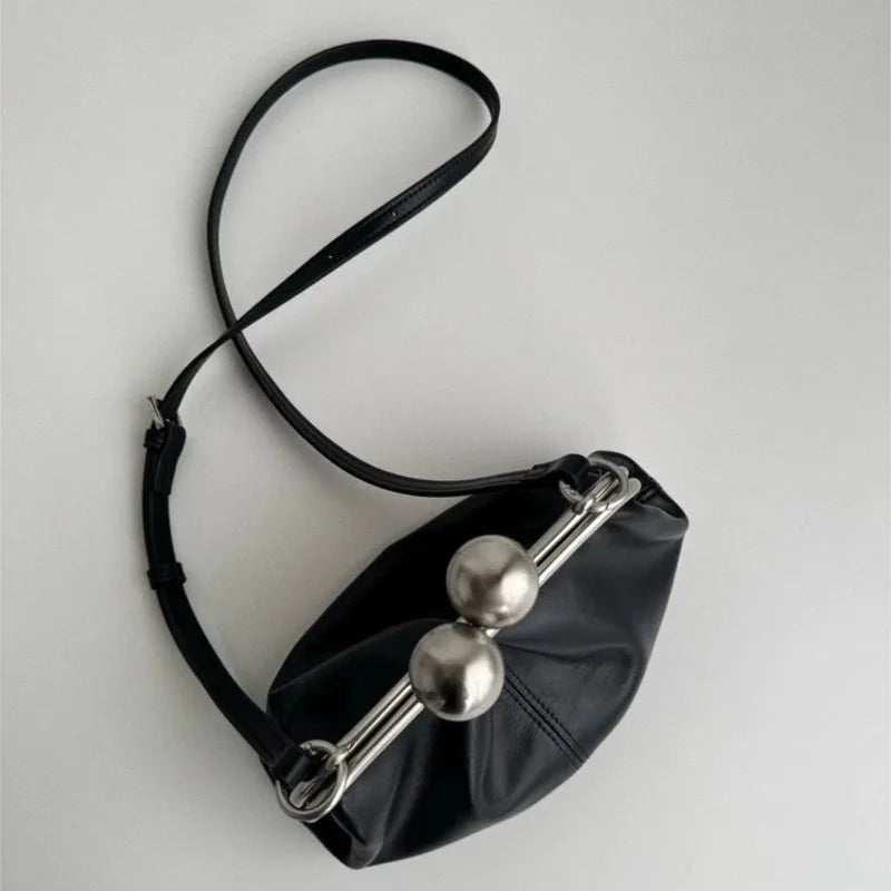 Retro Black Pleated Clip Bag Women Leather Small Capacity Handbag