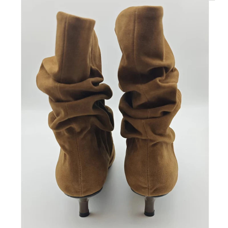 Pleated Suede Ankle Boots Women Pointed Toe Kitten Heel