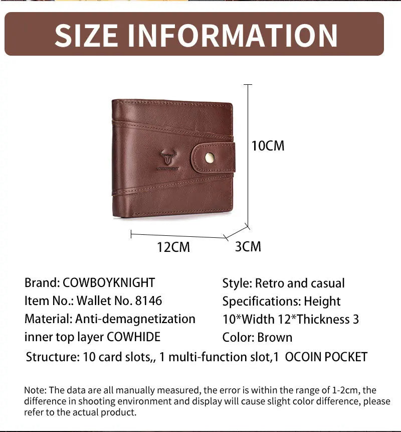 Men's Genuine Cowhide Leather Bifold Wallet with Snap Closure