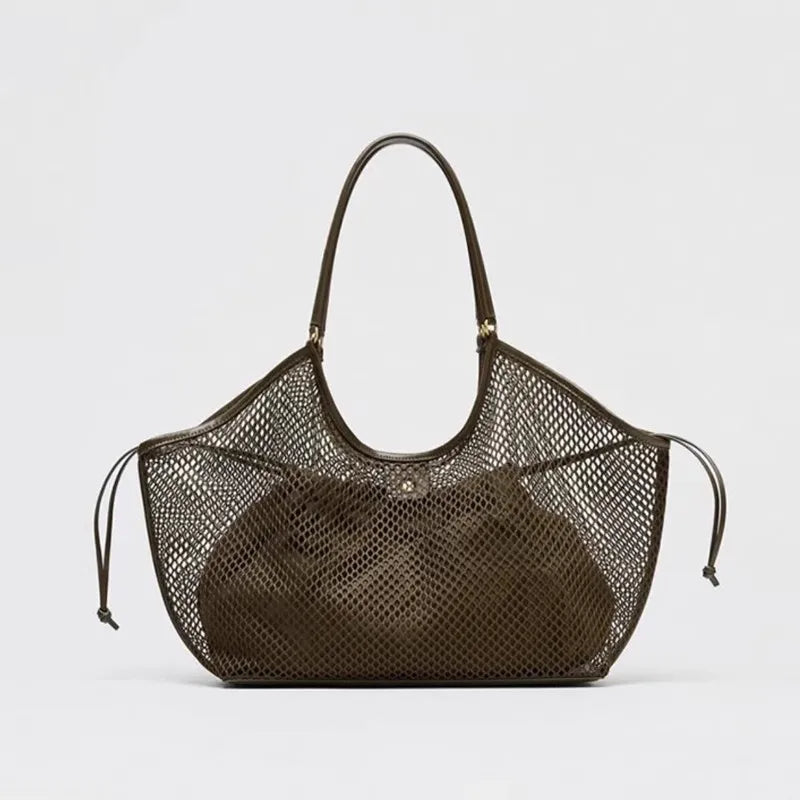 Large Mesh Tote Bag with Leather Trim – Women's Roomy Shoulder Bag
