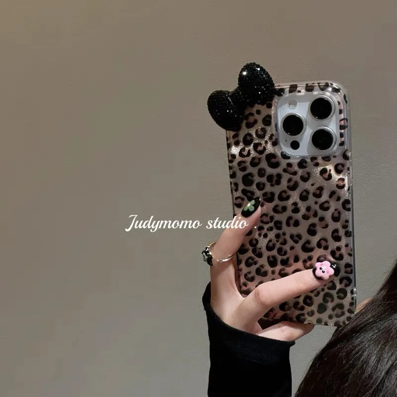 Diamond Bow Leopard Print Phone Case with Glitter Lining
