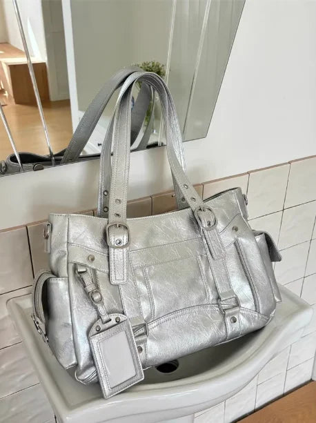 Hot Girl Vintage Studded Tote Bag Women Leather Textured