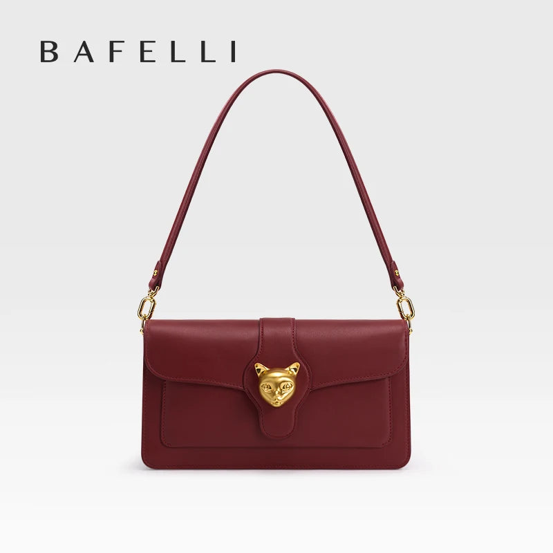 Leather Baguette Crossbody Shoulder Bag with Cat Clasp
