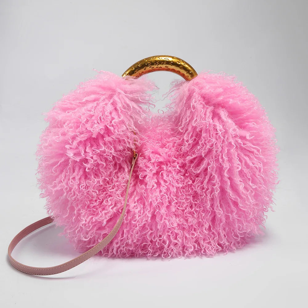 Faux Fur Shoulder Bag – Fluffy Round Handbag with Gold Handle