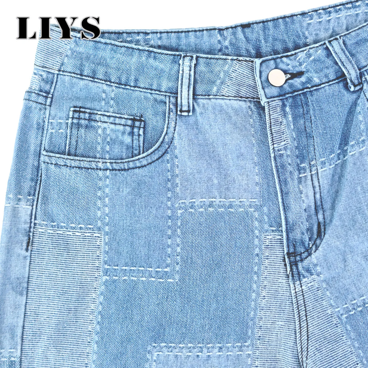 Patchwork Grid Baggy Wide-Leg Jeans – Men's Retro Streetwear Denim