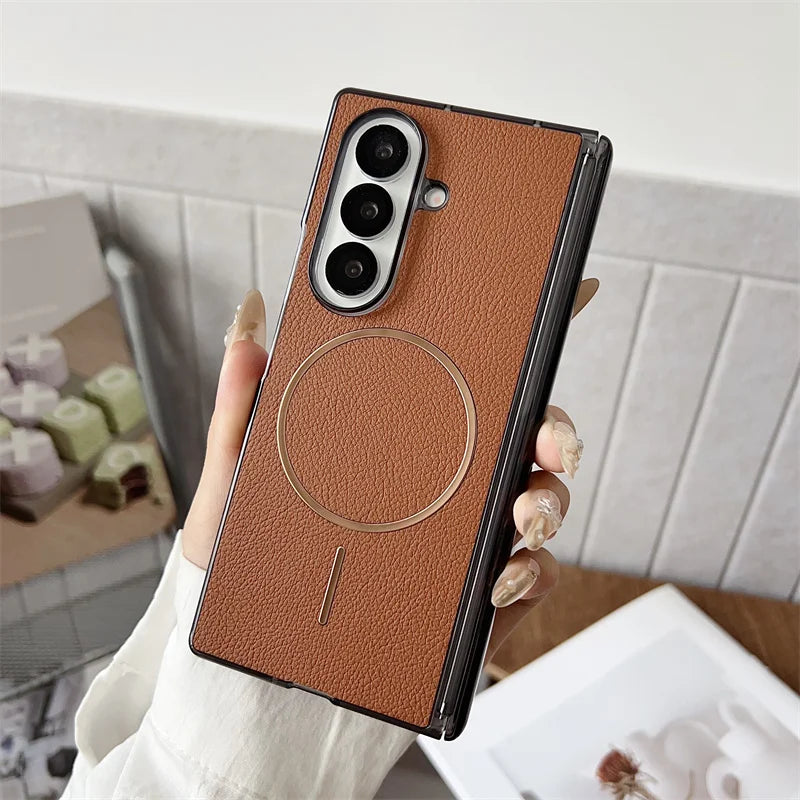 Magnetic Vegan Leather Case for Samsung Galaxy Z Fold 4 5 6 7 – Shockproof Cover