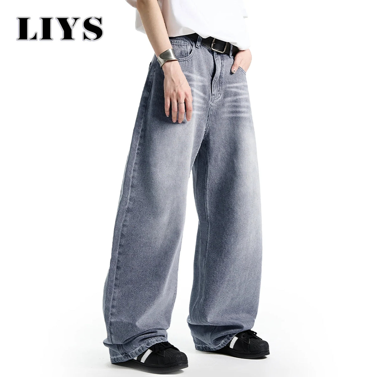 Men S American Retro Washed Polished White Loose Wide Leg Jeans Daily Business Leisure Unisex Baggy