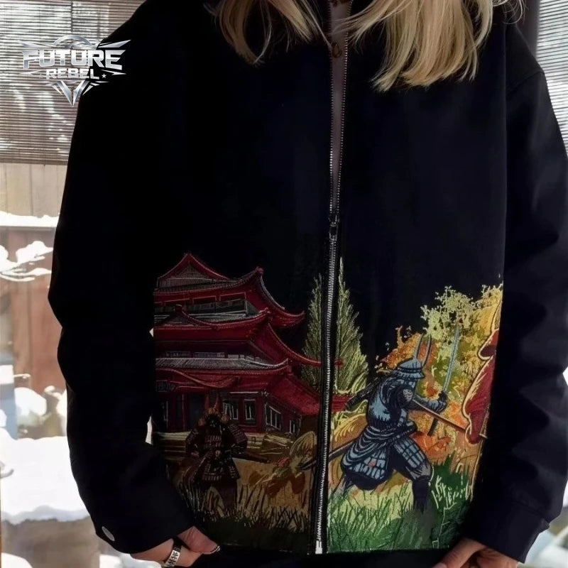Samurai Embroidery Bomber Jacket – Harajuku Y2K Streetwear