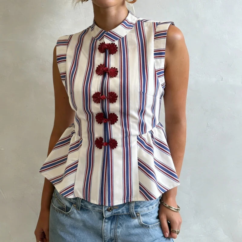 Frog Button Stand Collar Striped Crop Top – Y2K Women's Peplum Blouse