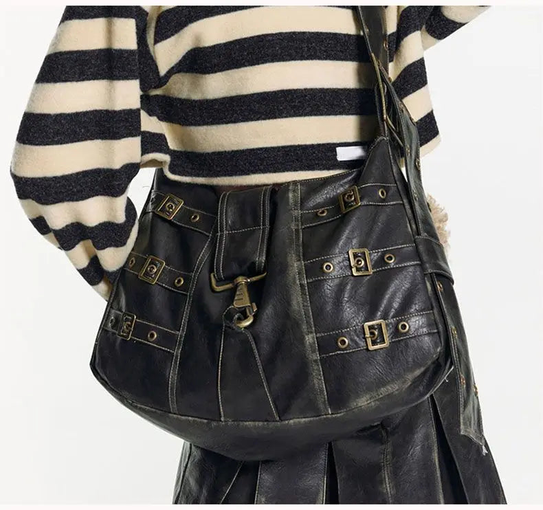Vintage Rivet Black Handbag Women Y2k Grunge Leather