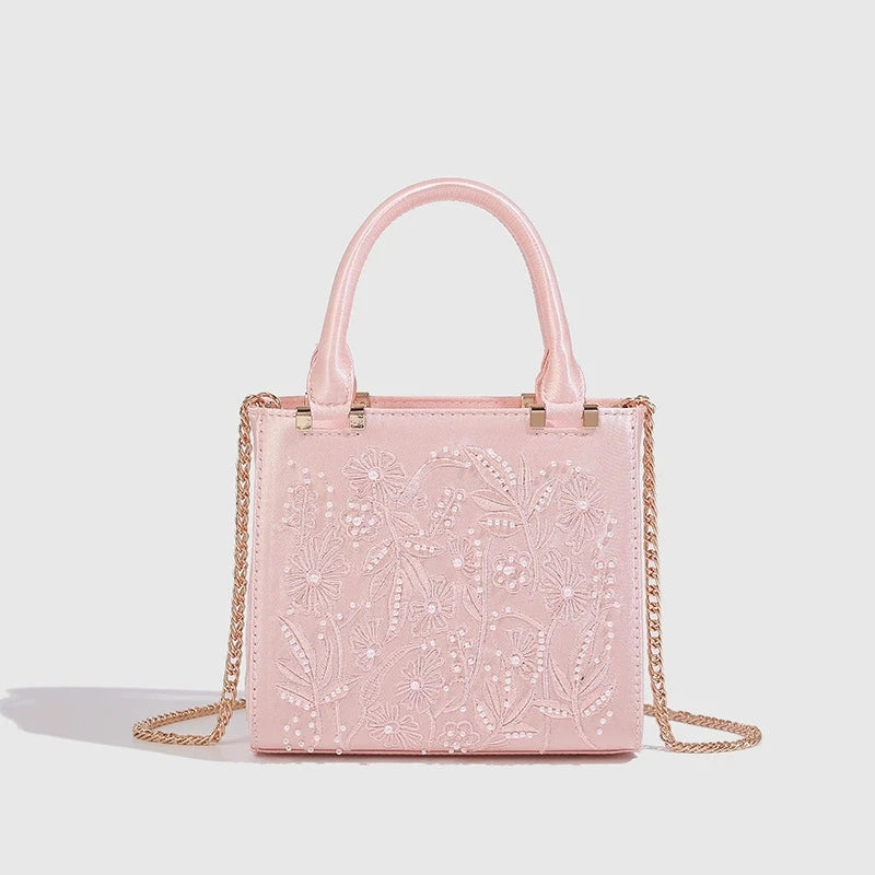 Floral Embroidery Square Tote Bag – Women's Handbag with Chain Strap