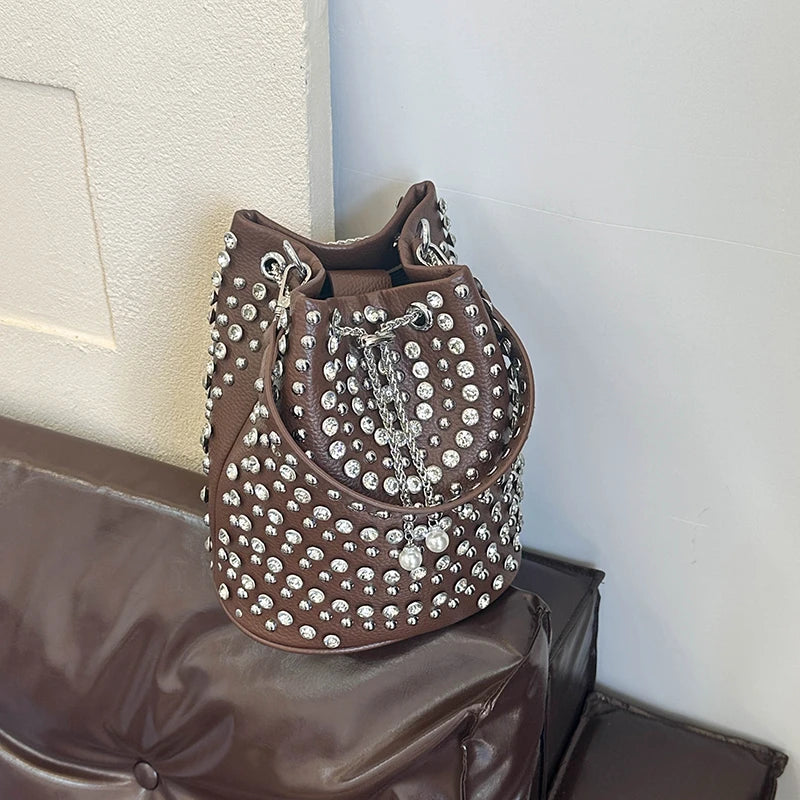 Studded Bucket Bag with Pearl Charm Drawstring Punk Rock Leather Shoulder Bag