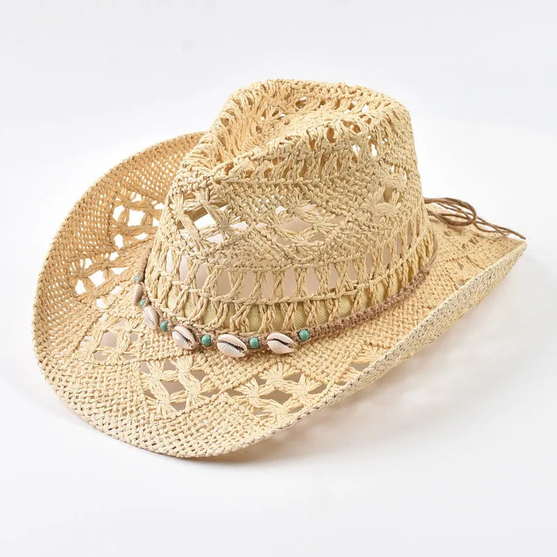 Wide Brim Straw Beach Hat with Shell Band