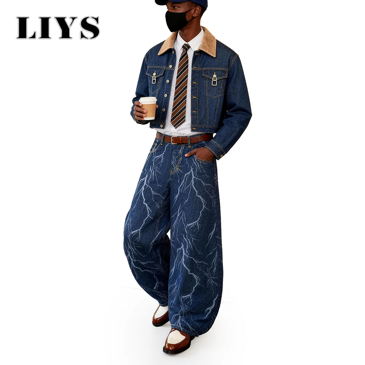 LIYS Lightning Print Baggy Wide Leg Jeans – Blue Streetwear Denim