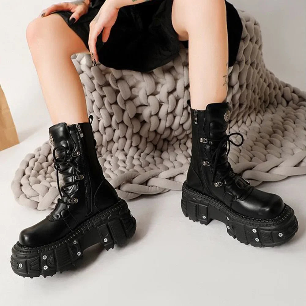 Punk Style Women Shoes Lace-Up Platform Woman Rock Boots Metal Decor Thick Bottom Street Shot Knight