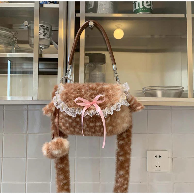 Women Plush Deer Spotted Handbag
