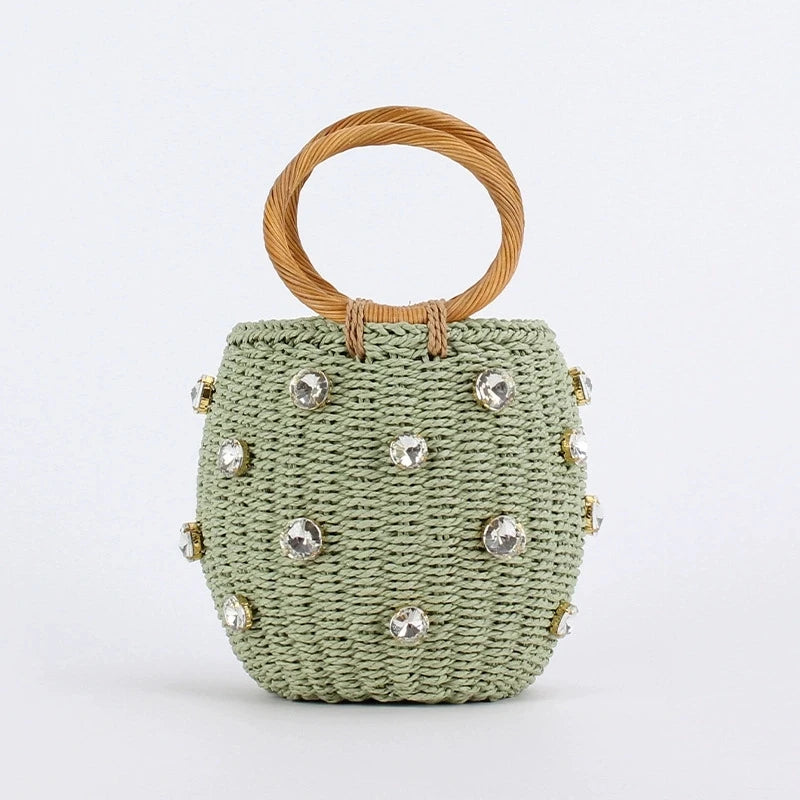 Rattan Straw Bucket Bag – Bohemian Handmade Pearl Shoulder Bag