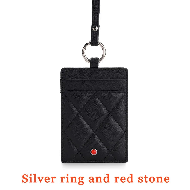 Hiram Beron Luxury Leather ID Card Holder with Neck Strap & Gemstone