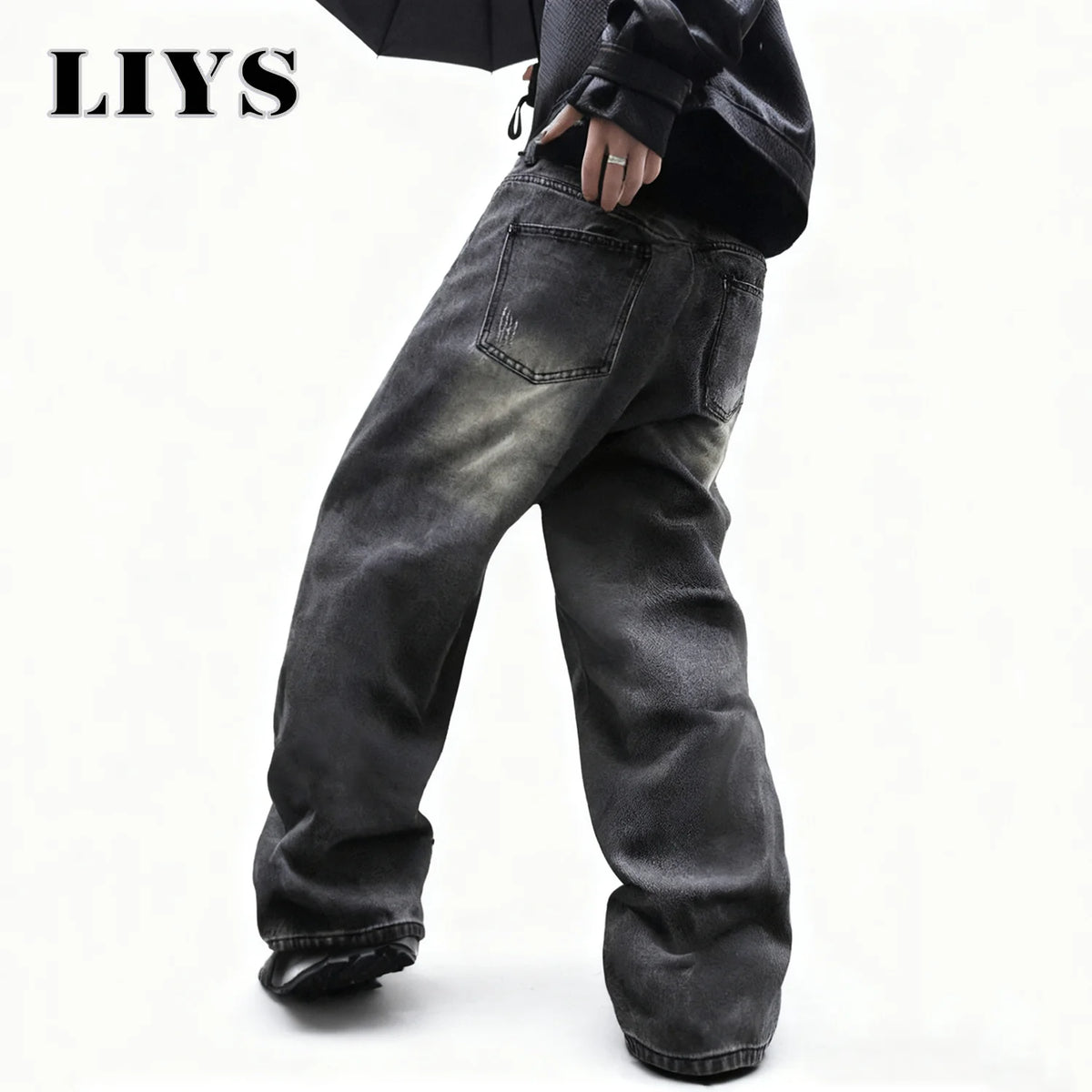 Baggy Wide-Leg Jeans Dark Gray – LIYS Unisex Retro Oversized Denim