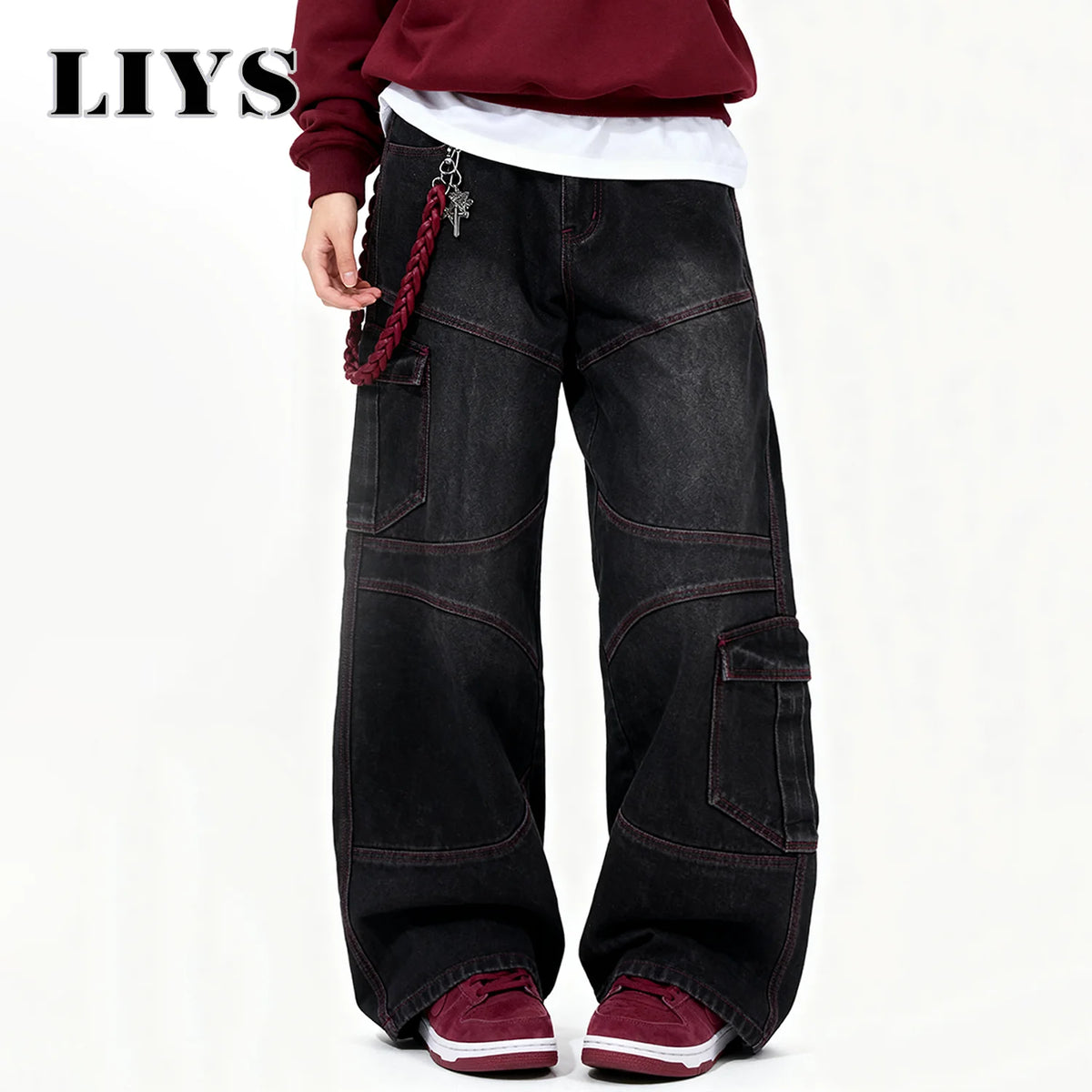 Men S American Street Retro Deconstruction Loose Wide Leg Jeans Unisex Baggy Clothes Multi Pocket