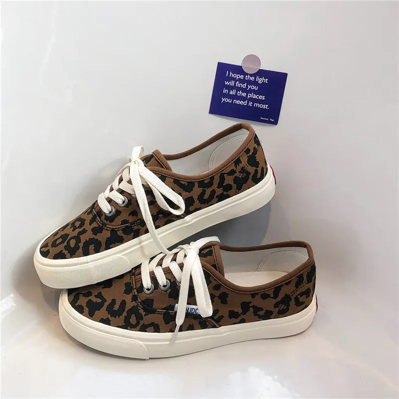 Leopard Print Canvas Sneakers – Women's Lace-Up Flats