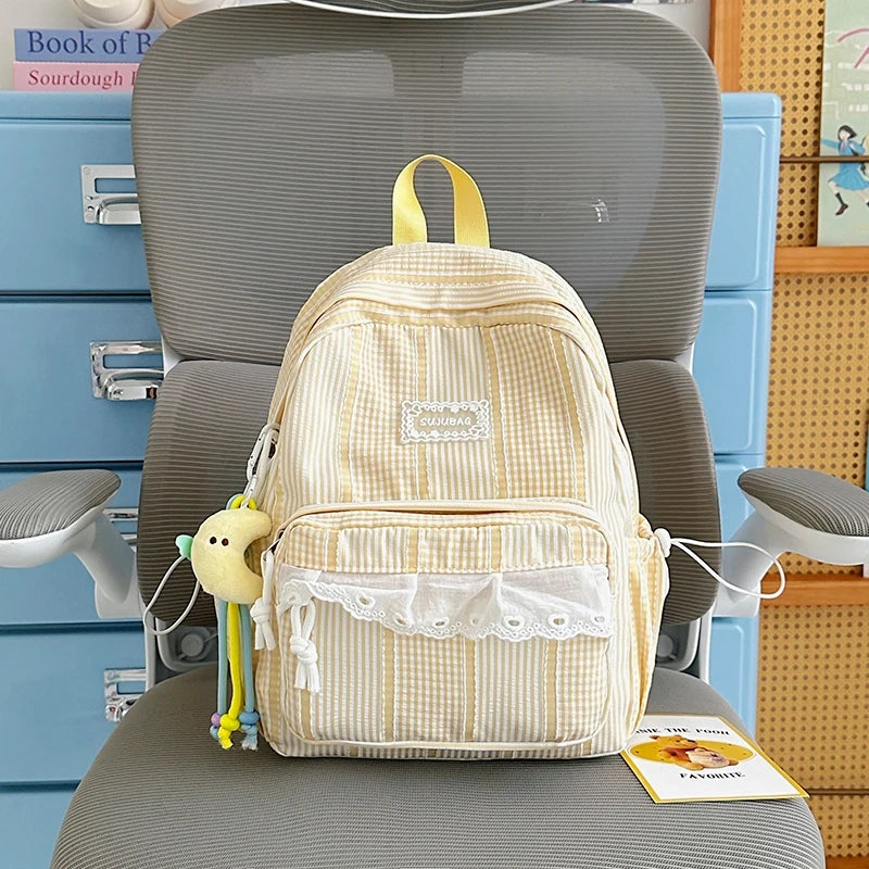 Sweet Style Girls Backpack – Cute Striped School Bag with Doll Charm