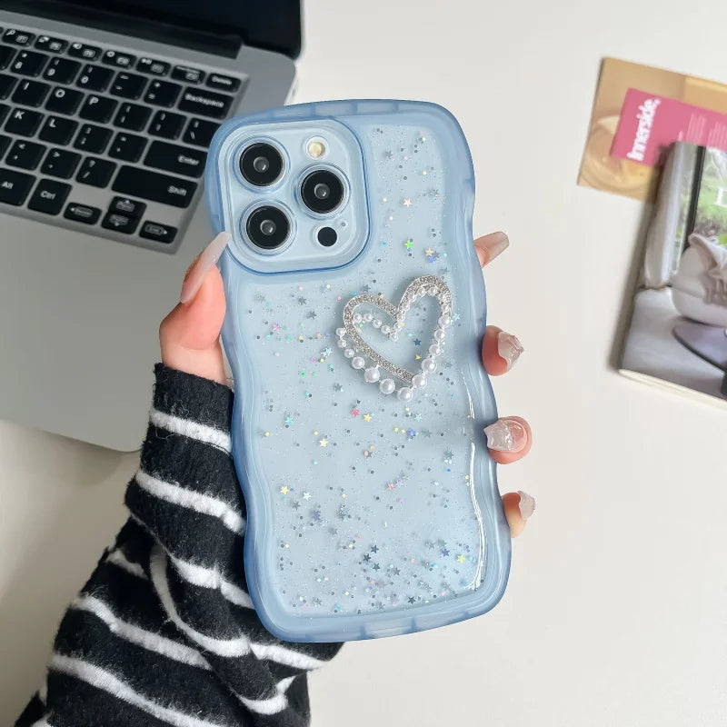 Pearl Heart Glitter Clear iPhone Case – Wavy Edge Shockproof Cover
