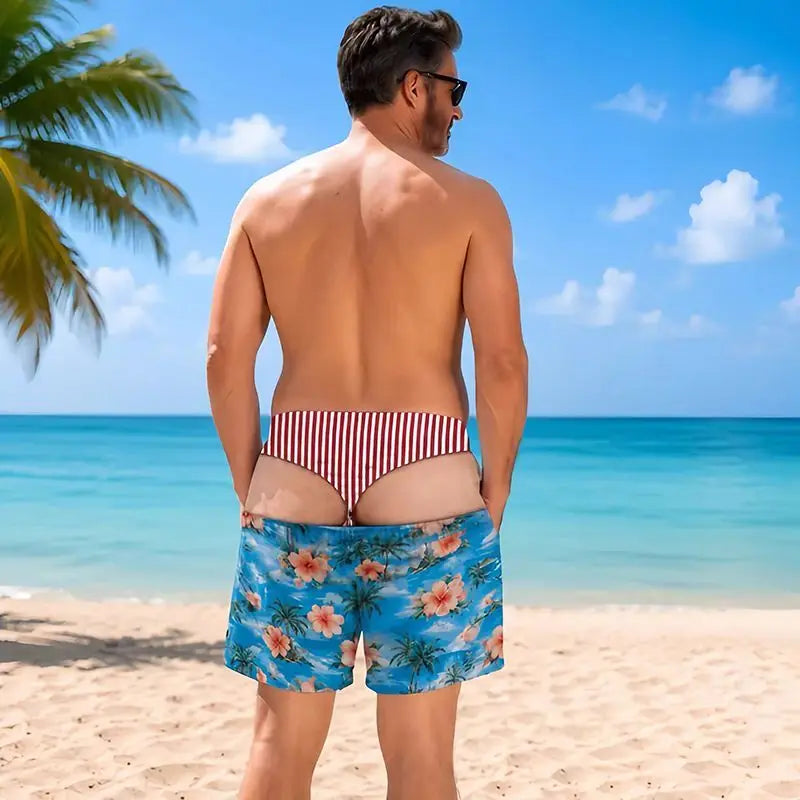 Funny Fake Two-Piece Men's Beach Shorts – Optical Illusion Thong Print Boardshorts