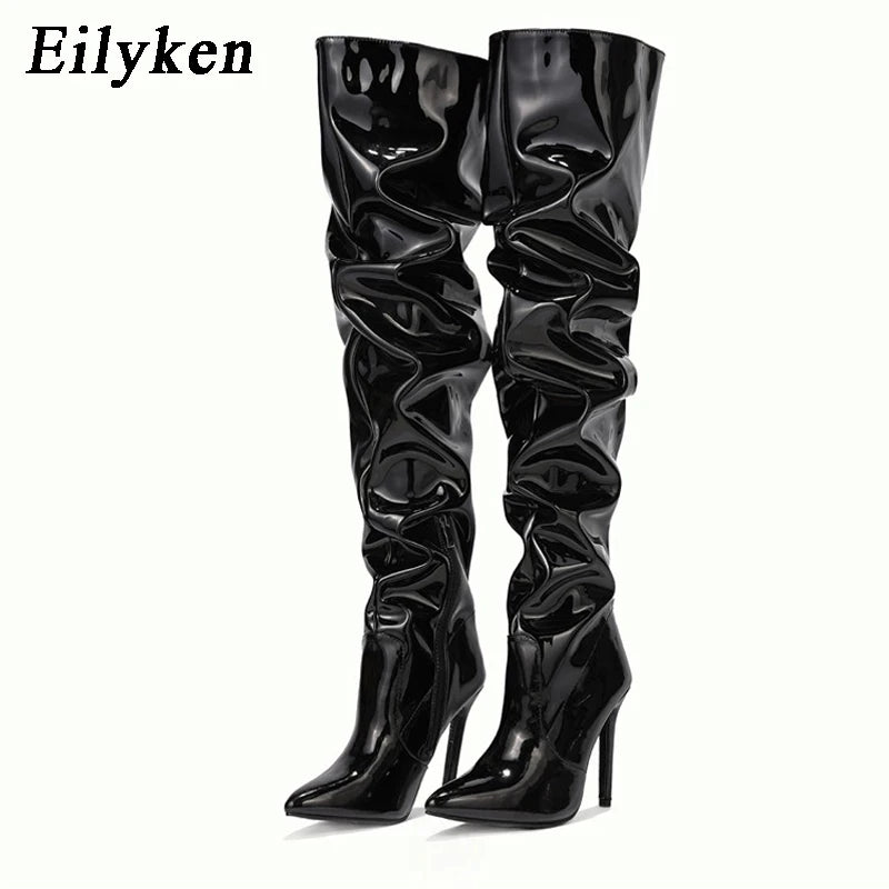 Over-the-Knee Stiletto Boots – Patent Leather Pointed Toe Side Zipper