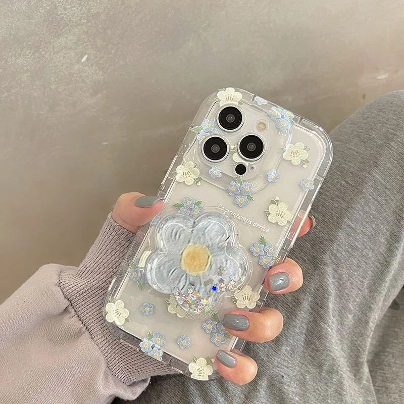 Flower Quicksand Grip Phone Case with Pop Holder – Clear Floral TPU Cover