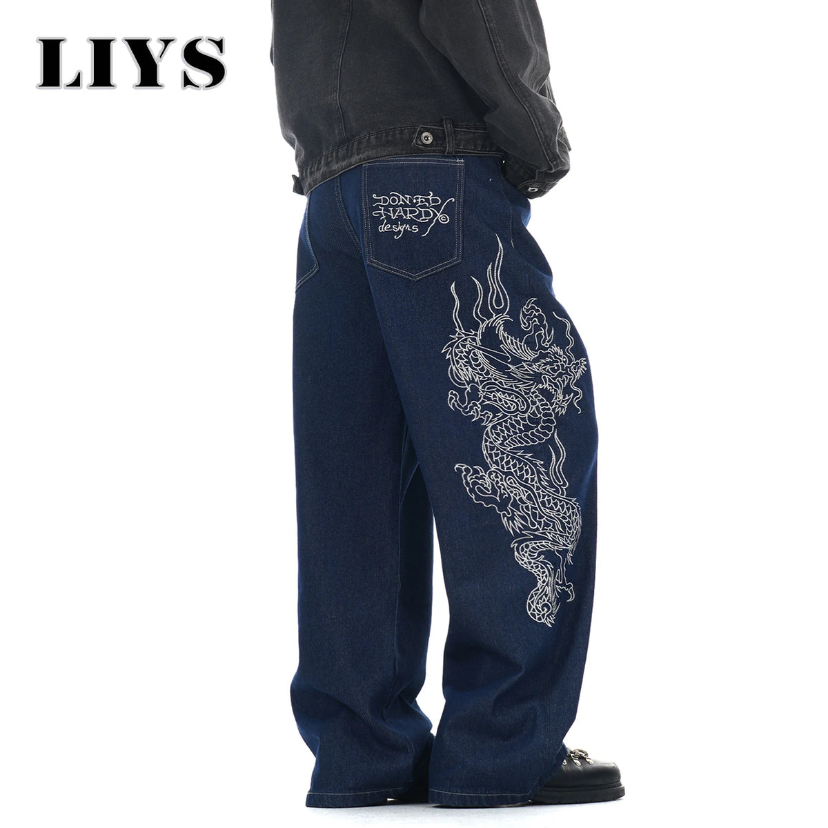 Men's Dragon Embroidered Baggy Wide Leg Jeans – Blue