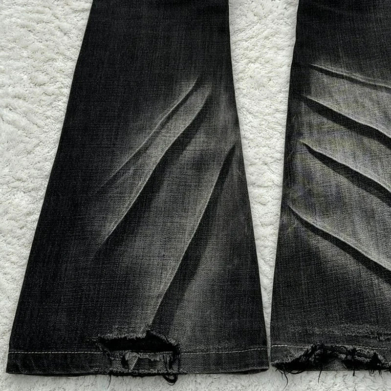 Claw Mark Flare Jeans – Y2K Gothic Lace-Up Double Waist Distressed Denim