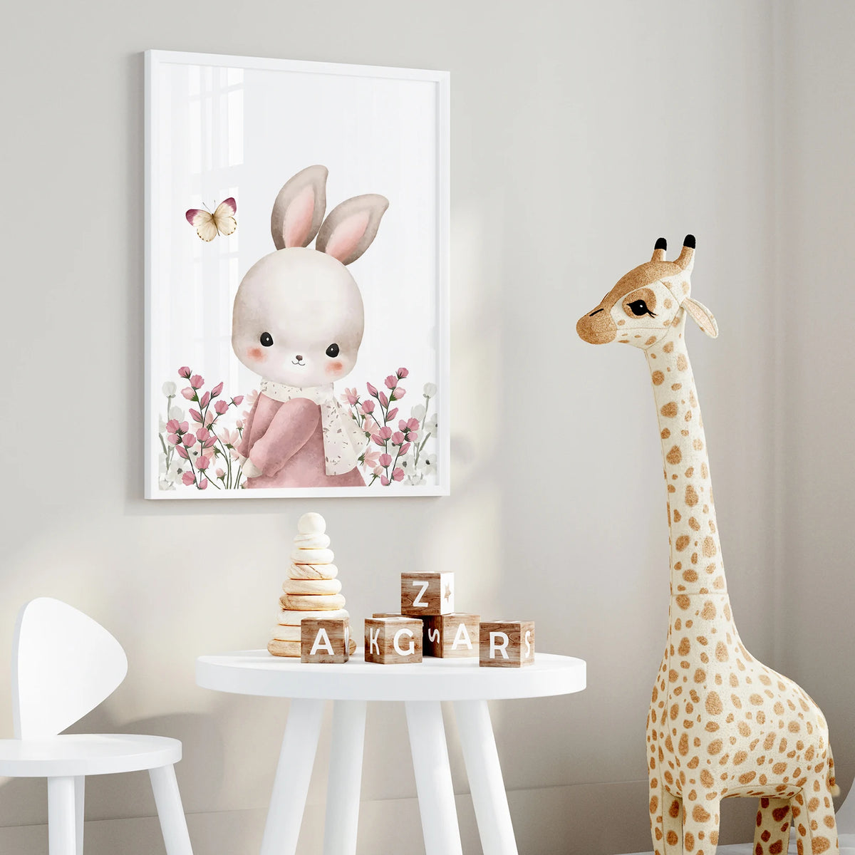 Bunny Flowers & Butterfly Wall Art Print – Kids Nursery