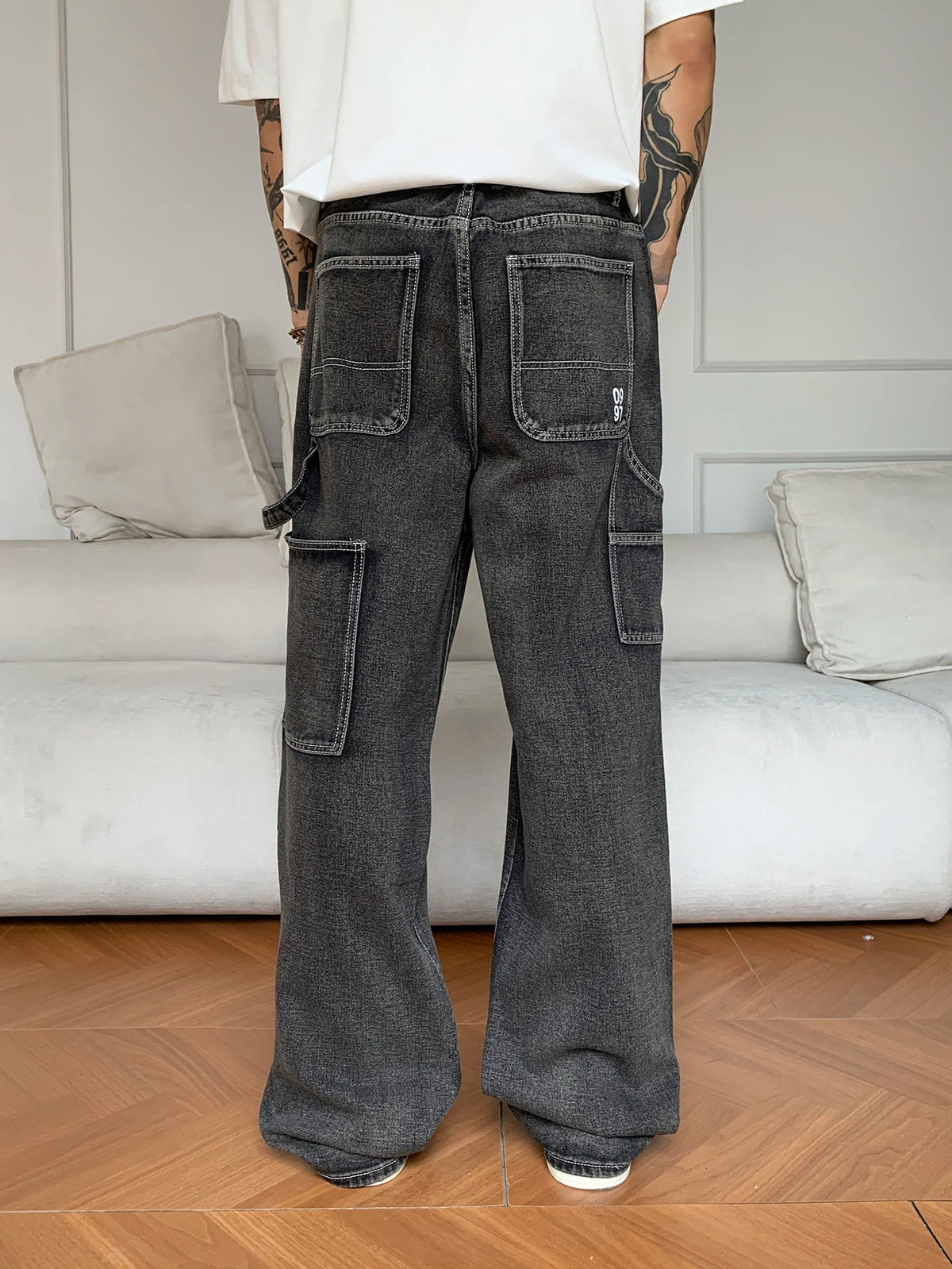 Retro Black Cargo Denim Jeans Men – Straight Leg Korean Streetwear Pants