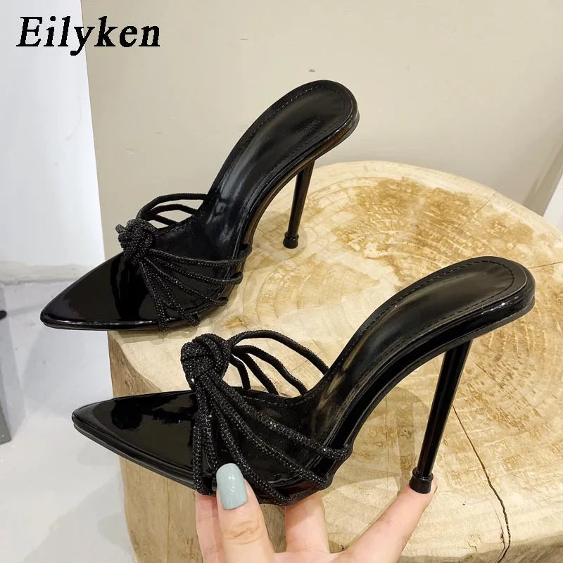 Crystal Knot Pointed Toe Stiletto Mule Heels – Women's Party Sandals