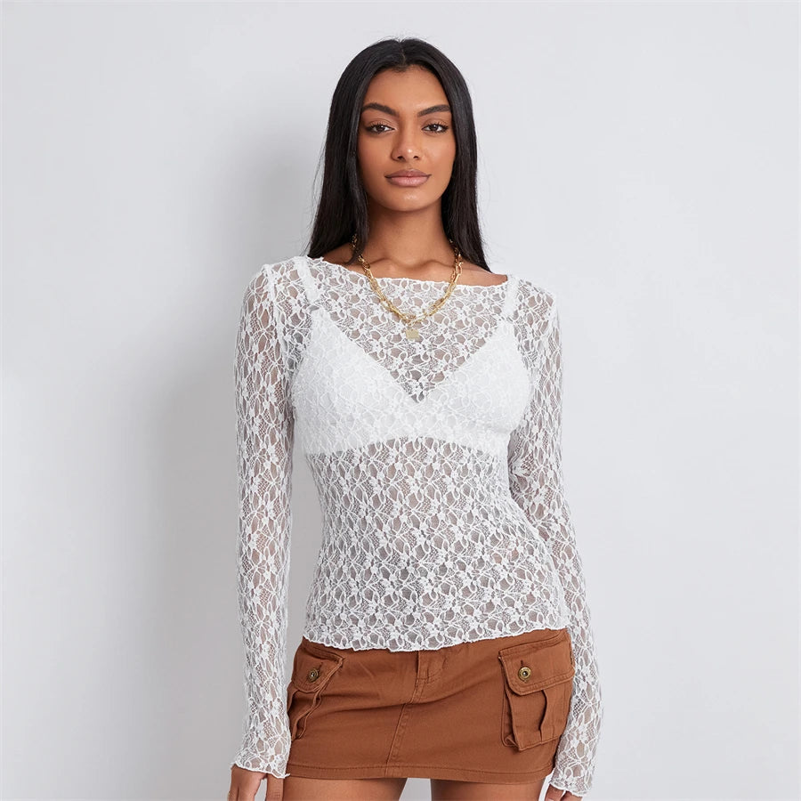 Sheer Lace Top Women Long Sleeve O-Neck Slim Fit Pullover