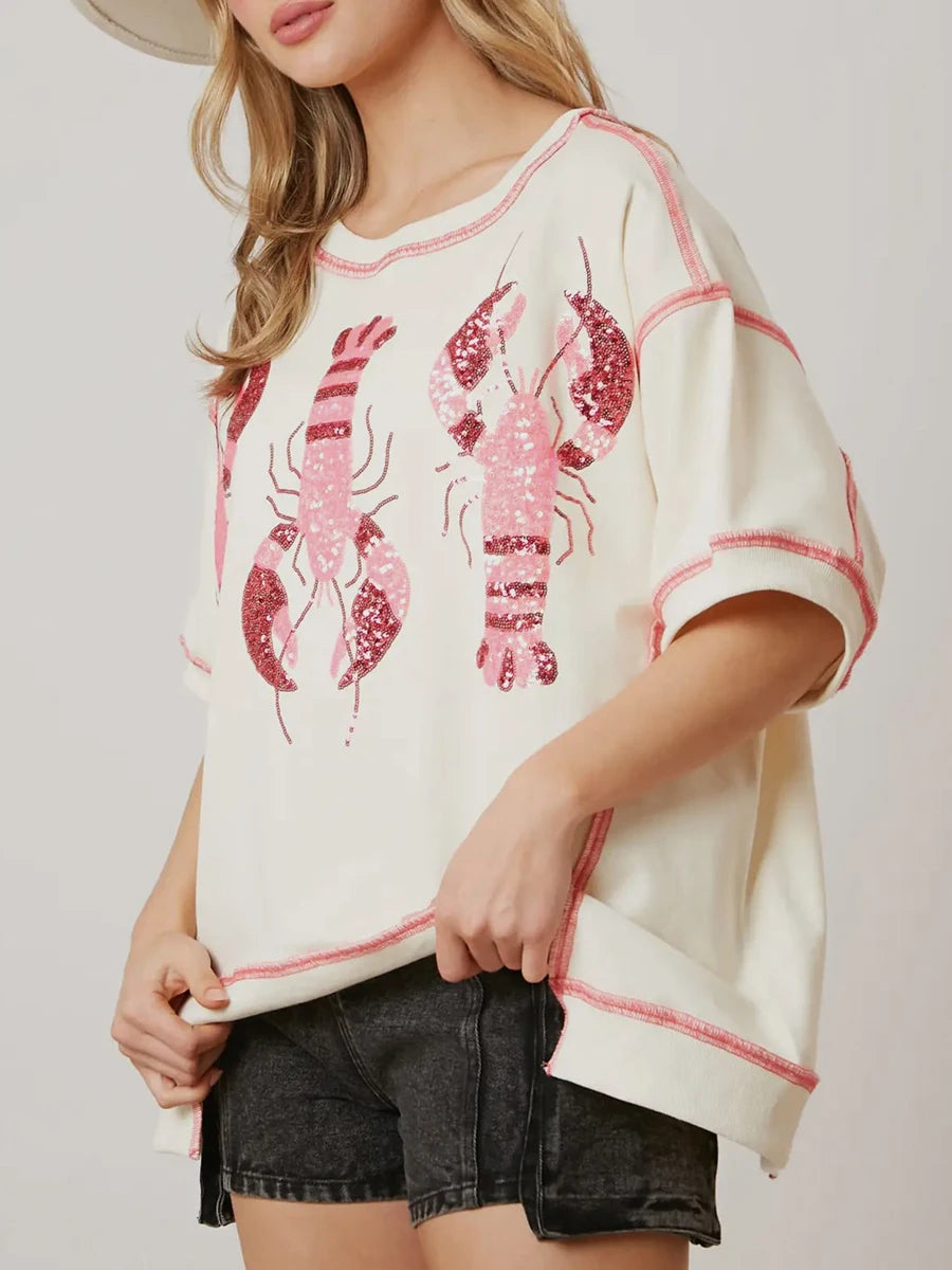 Sequin Lobster Print T-Shirt for Women – Retro Graphic Top