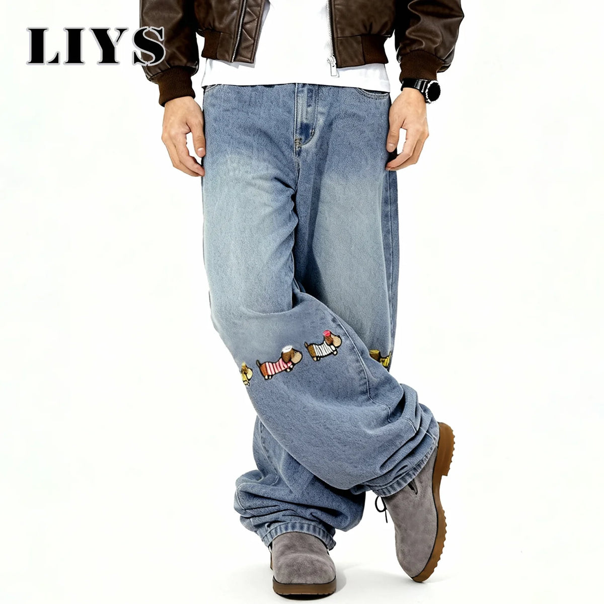 Dachshund Embroidery Baggy Wide-Leg Jeans – Men's Y2K Korean Style