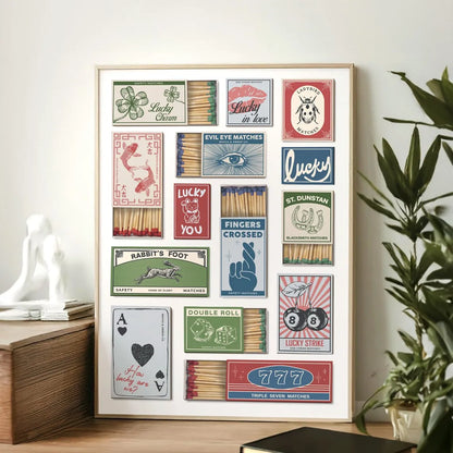 Vintage Matchbox Art Print – Retro Lucky Charm Collage Poster