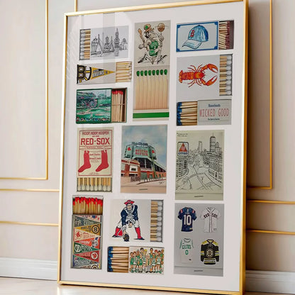 Boston Sports Matchbox Label Collage Wall Art Poster