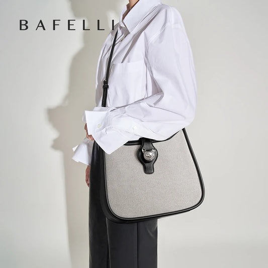 Canvas & Leather Crossbody Messenger Bag with Cat Clasp – Bafelli