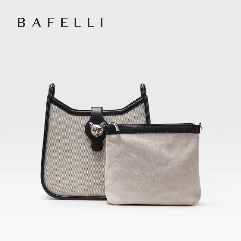 Canvas & Leather Crossbody Messenger Bag with Cat Clasp – Bafelli