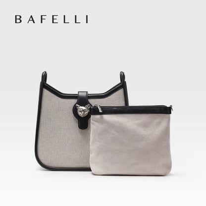 Canvas & Leather Crossbody Messenger Bag with Cat Clasp – Bafelli