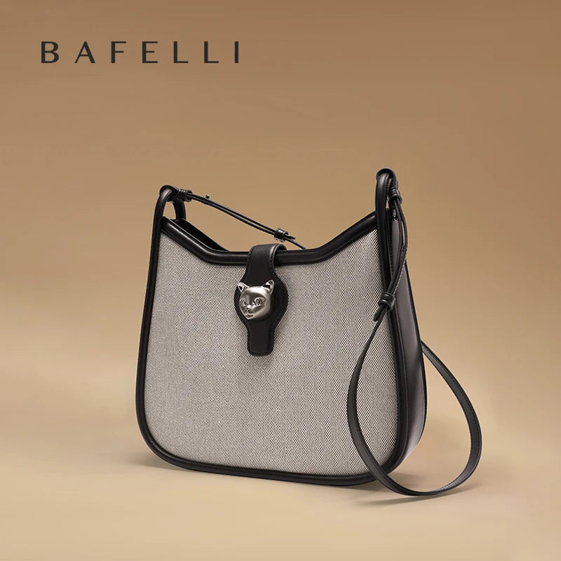 Canvas & Leather Crossbody Messenger Bag with Cat Clasp – Bafelli
